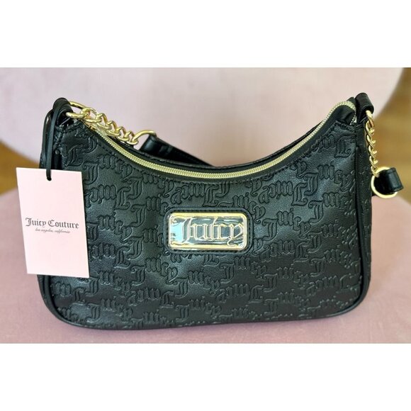 Juicy Couture Liquorice Statement Shoulder Bag Gold Hardware Textured Logo NWT - Picture 1 of 8